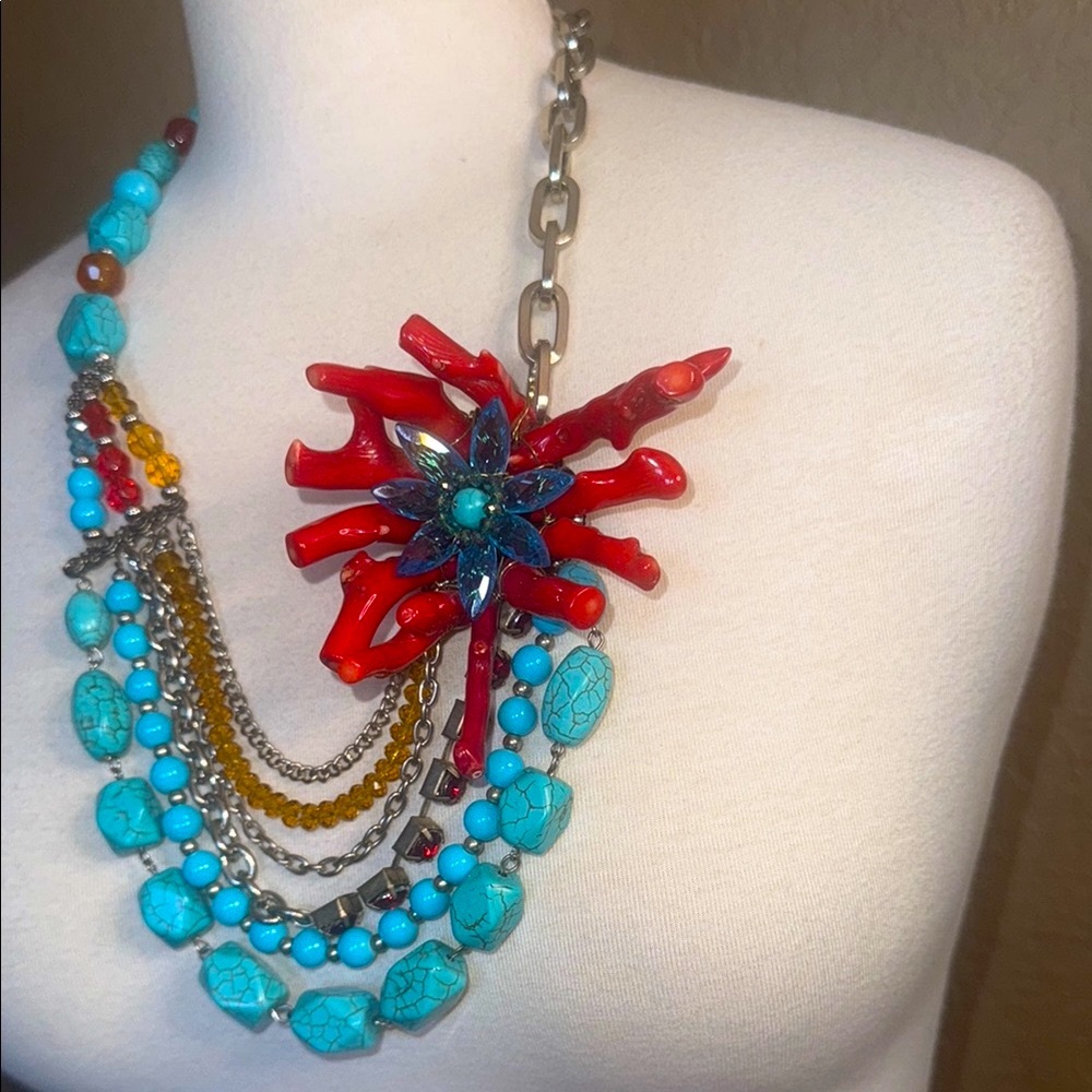 Branch Coral Crystal Faux Turquoise Multistrand Handmade Statement Necklace Set - Picture 8 of 14
